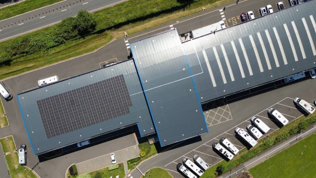 An aerial view of the new solar panels at Erwin Hymer Travelworld, Stafford