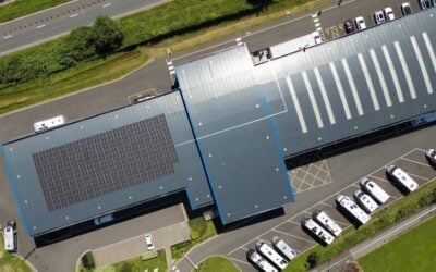 An aerial view of the new solar panels at Erwin Hymer Travelworld, Stafford