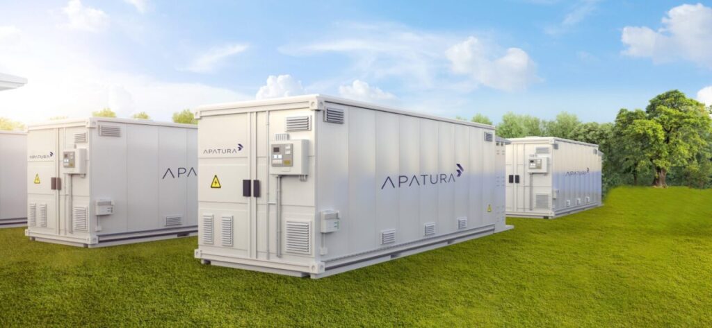 a 3d render of BESS units with the Apatura Energy logo