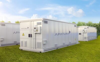 a 3d render of BESS units with the Apatura Energy logo