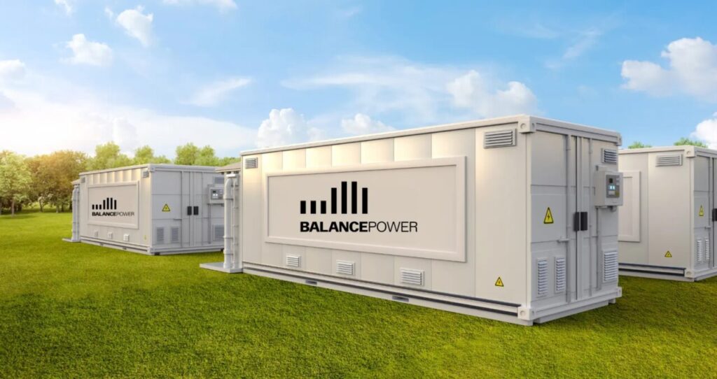 A 3d render of BESS units with the balance power logo.