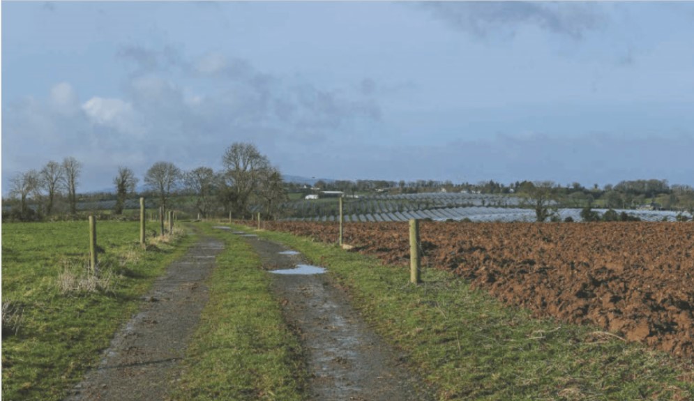 A country road with solar panels superimposed into the background
