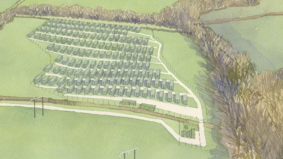 An artistic rendering of the BESS site and fields surrounding it, in watercolour paint