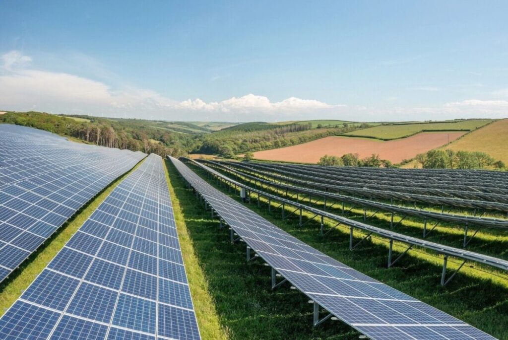 solar panels on green fields in a line