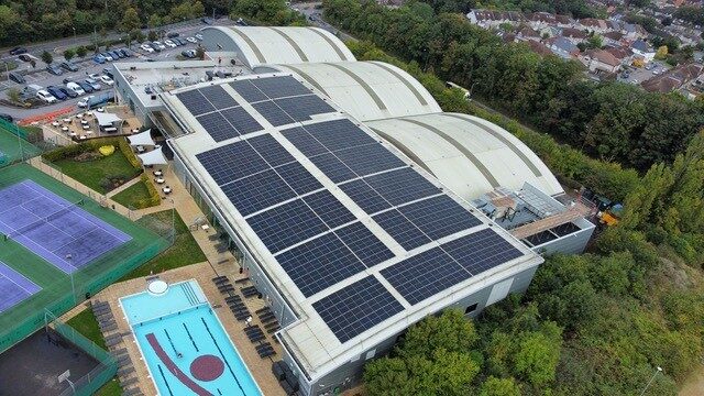 solar panels on a rooftop seen from above