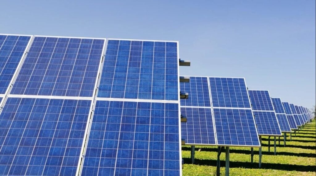 Solar panels on green grass, in a line away frokm the camera