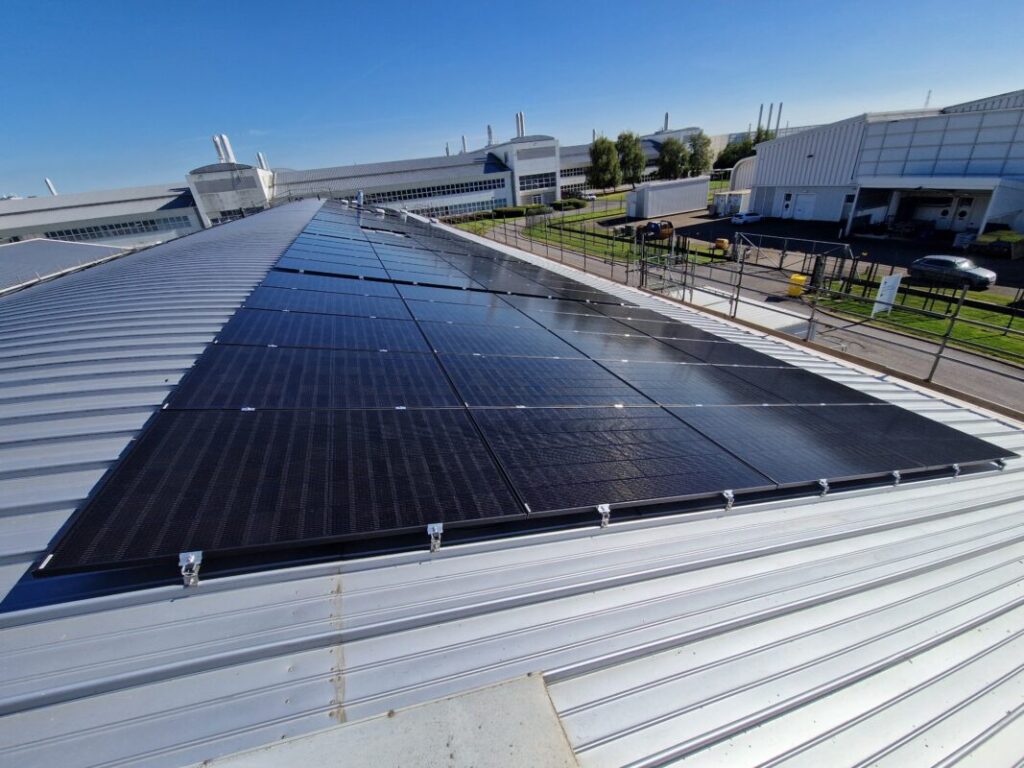 Solar panels on a narrow metal rooftop
