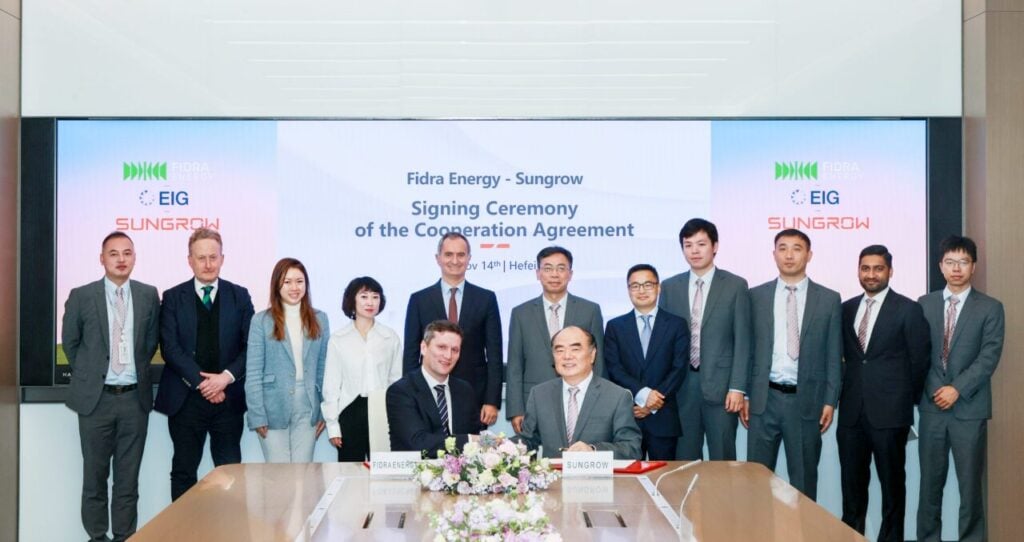 Executives from Fidra Energy and Sungrow at a signing ceremony for the deal.