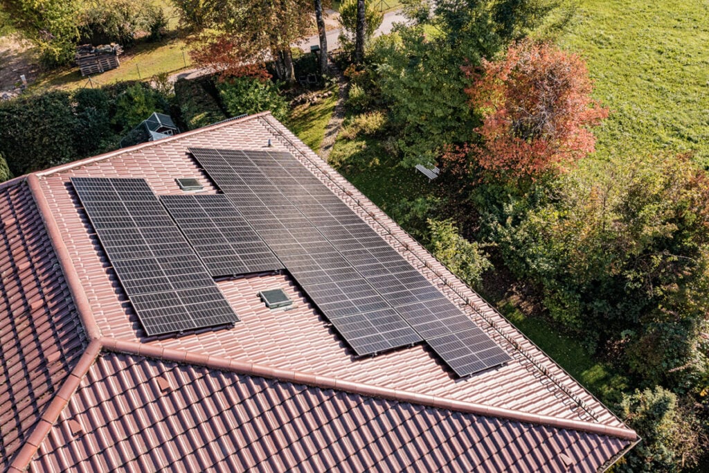 Image from above of rooftop solar on a house.