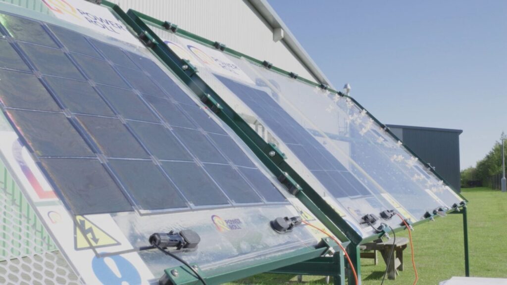 thin film solar cells outdoors, covered in plastic frames
