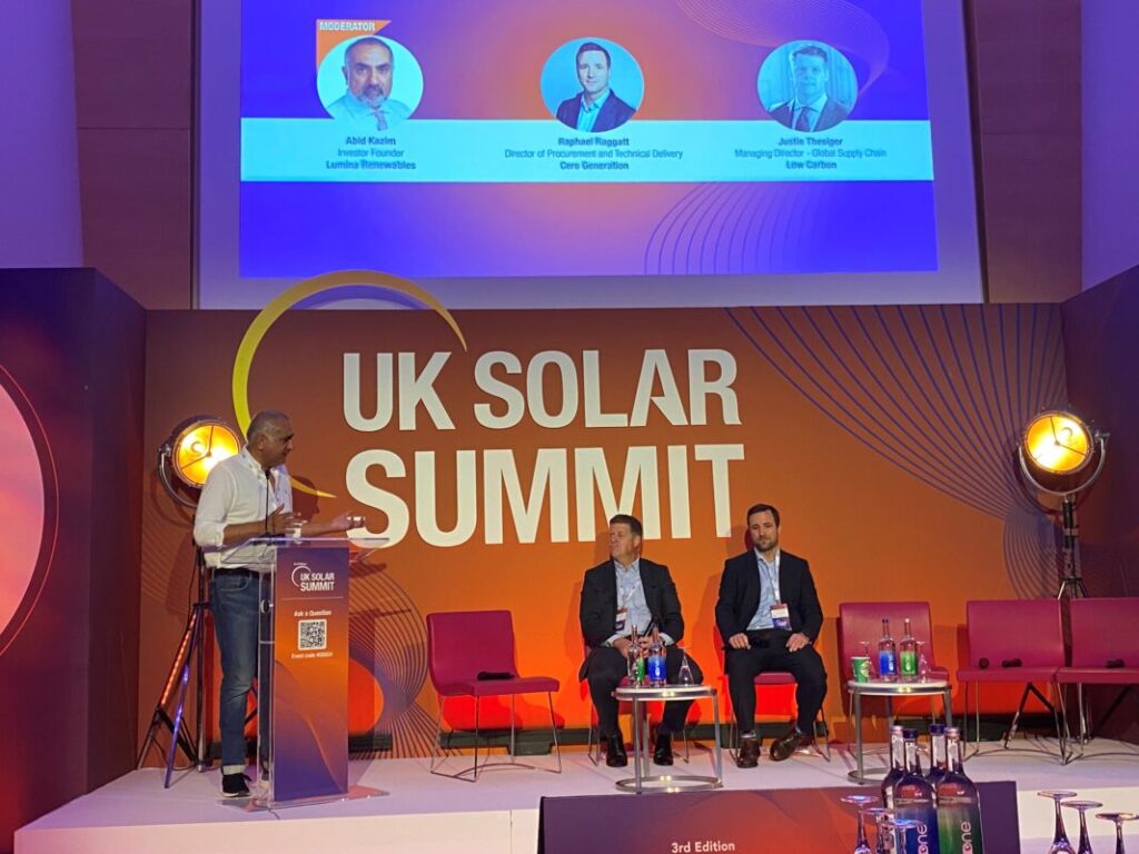 Panelists speaking about the future of the UK's solar supply chain at the UK Solar Summit this morning.