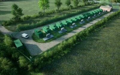 CGI image of the site plan. The 5.7-acre site is well-screened by existing trees and hedgerows, and the battery storage facility will be housed in modular units painted green to minimise visual impact.  Image: Exagen.